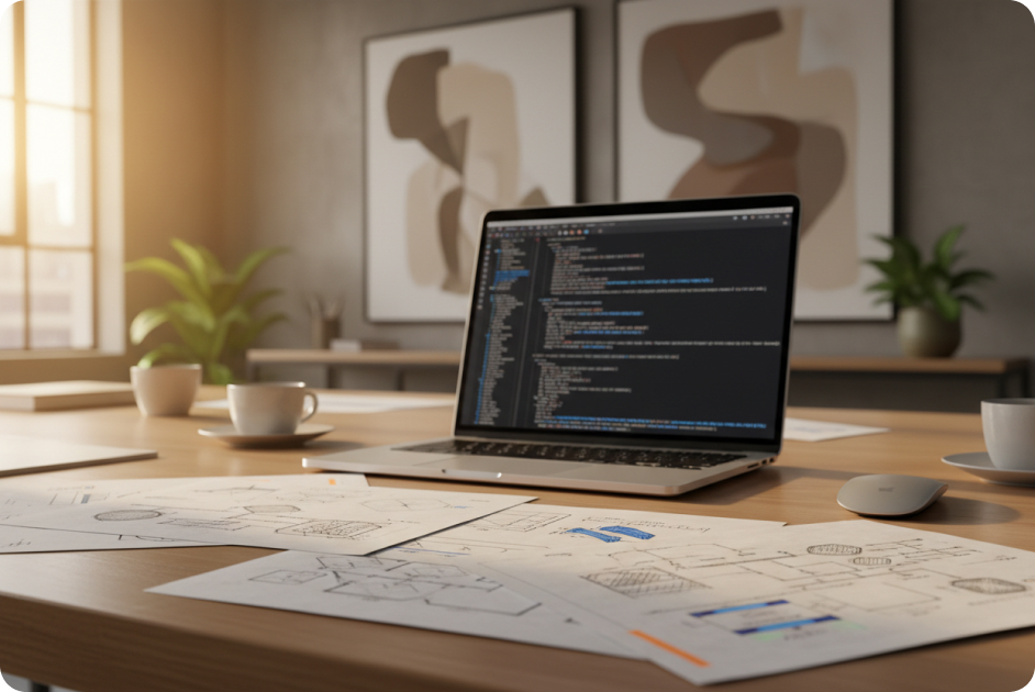 Team reviewing an architecture plan and laptop on a desk