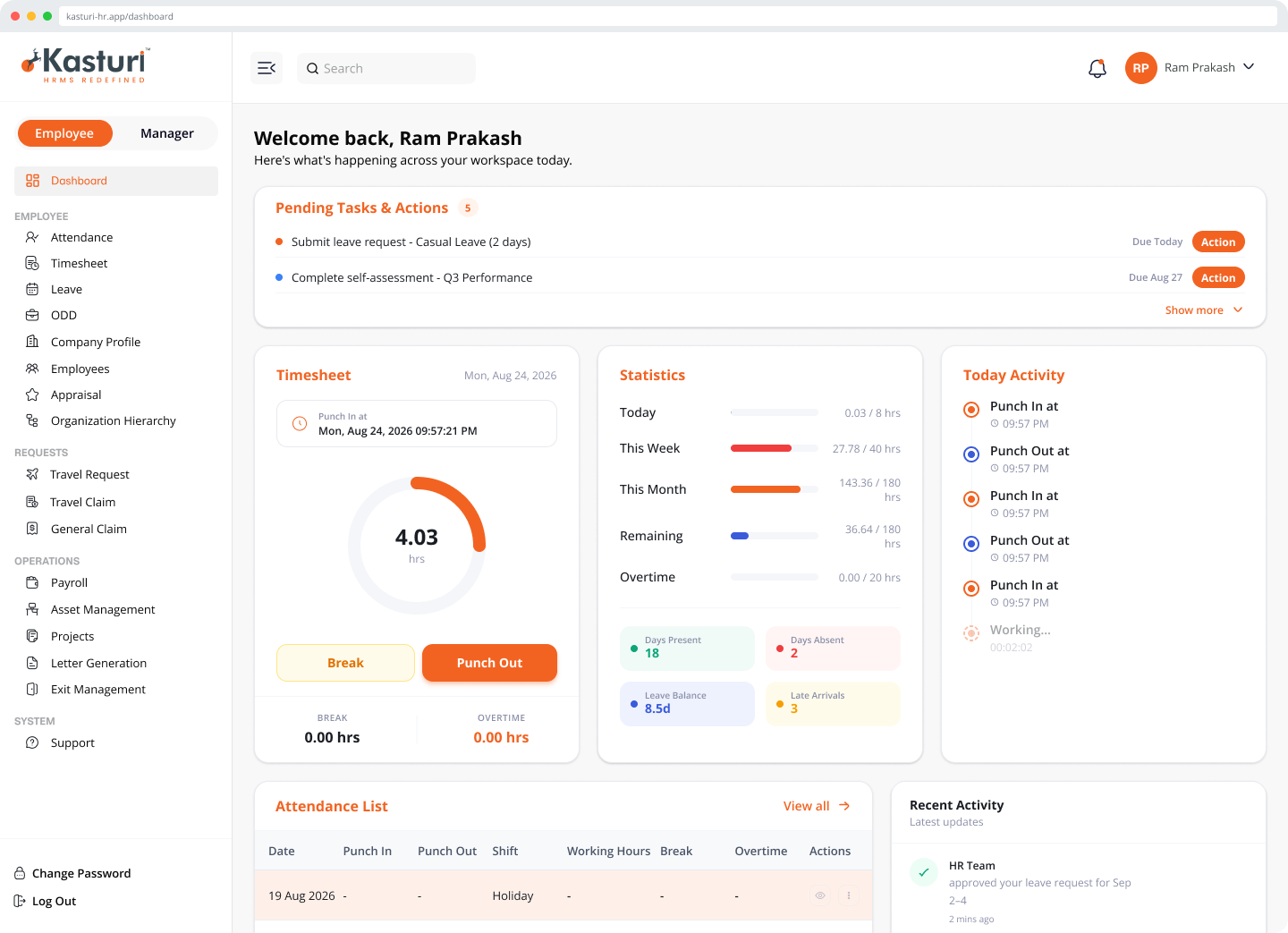Kasturi HRMS dashboard preview
